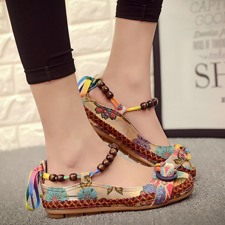 Zapatos planos informales de talla grande 42, Zapatos planos de Mujer hechos a mano con cuentas, mocasines de tiras, Zapatos Retro étnicos bordados para Mujer