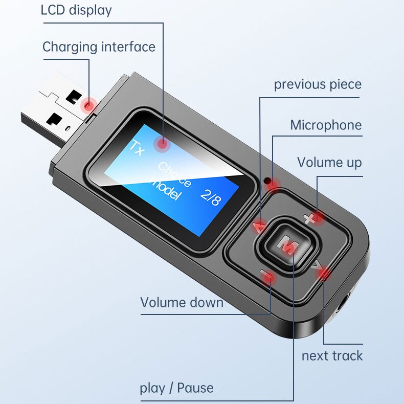 BT12 Wireless Bluetooth 5.0 Receiver Transmitter Digital Display Adapter For PC TV Car Accessories For Wireless Adapter TXTB1: Black