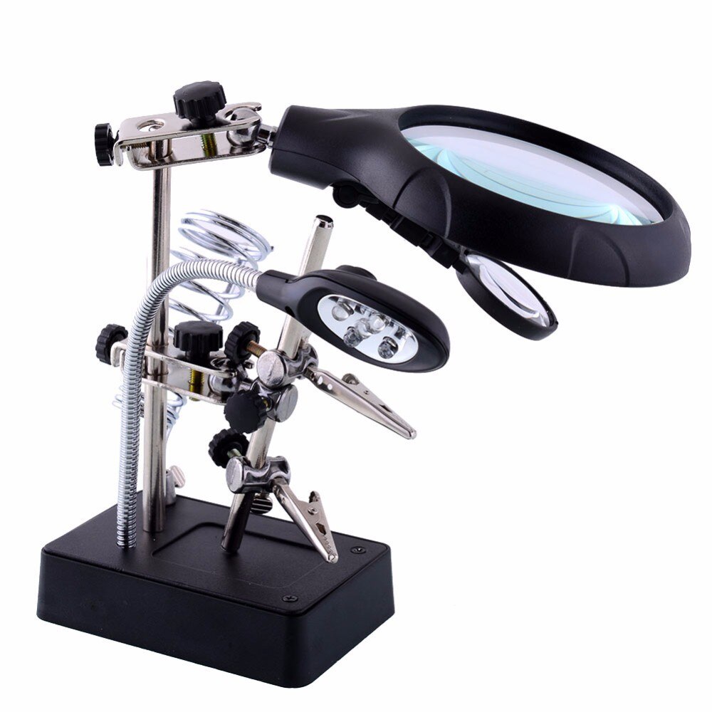 Welding magnifying glass LED Light Auxiliary Clip loupe Magnifier 3 In1 Hand Soldering Solder Iron Stand Holder Station