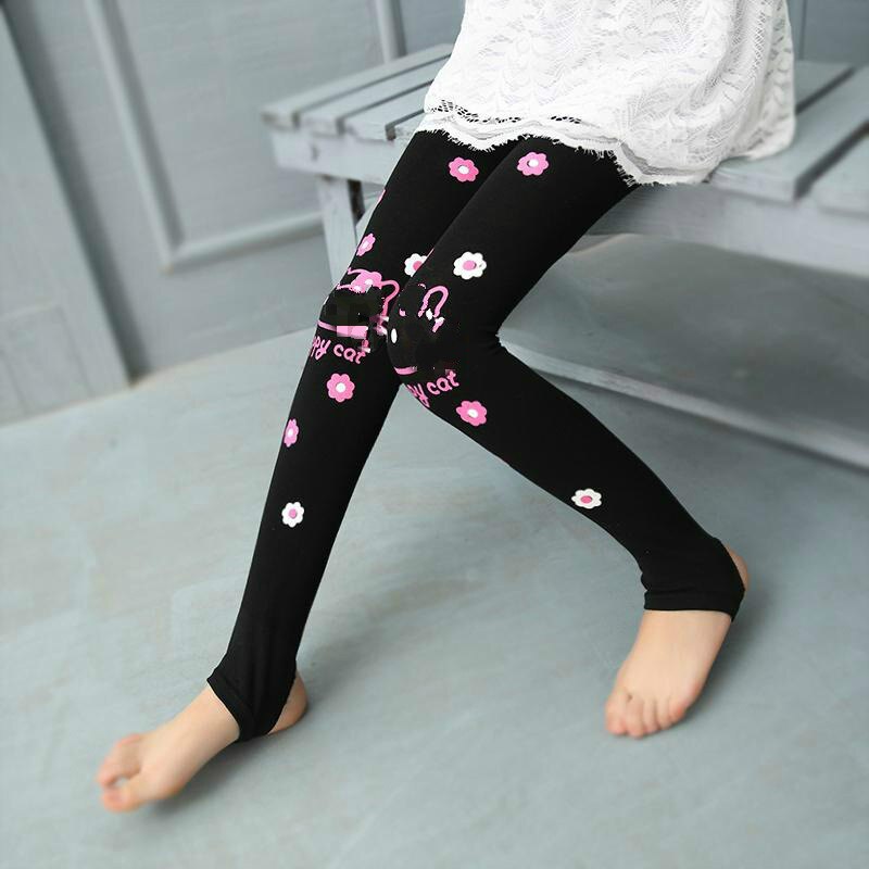 Primavera otoño chicas Leggings Skinny niños gato niños pantalón negro mallas de algodón pantalones gato patrón para flores niñas lazo elástico
