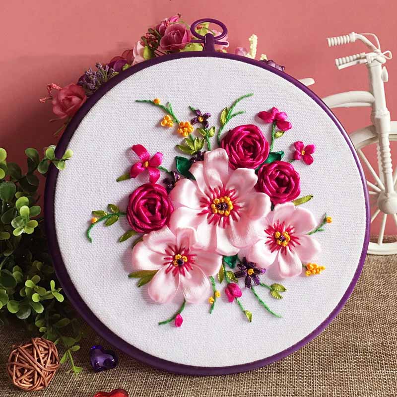 Easy Ribbon Flower Embroidery With Hoop for Beginner Needlework Cross Stitch Kit Handmade Sewing Wall Art Painting Home Decor