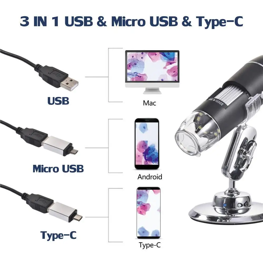 Verstelbare 1600X 2MP 1080P 8 LED Digitale Microscoop Type-C/Micro USB Vergrootglas Elektronische Stereo USB endoscoop Voor Telefoon PC