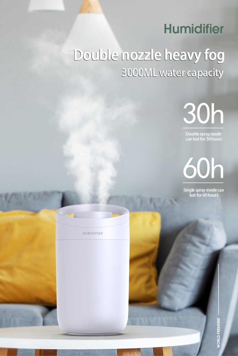 Air Humidifier Large Capacity Aroma Diffuser Machine Essential Oil Ultrasonic Mist Maker Portable Office Double-jet Humidifier