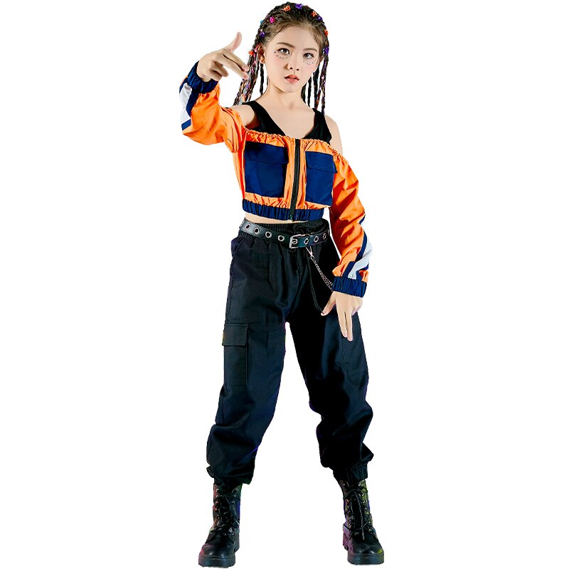 Ballroom Hip Hop Dance Costumes For Kids Long Sleeve Tops Black Loose Pants Girls Jazz Street Dance Wear Rave Clothes DN7178