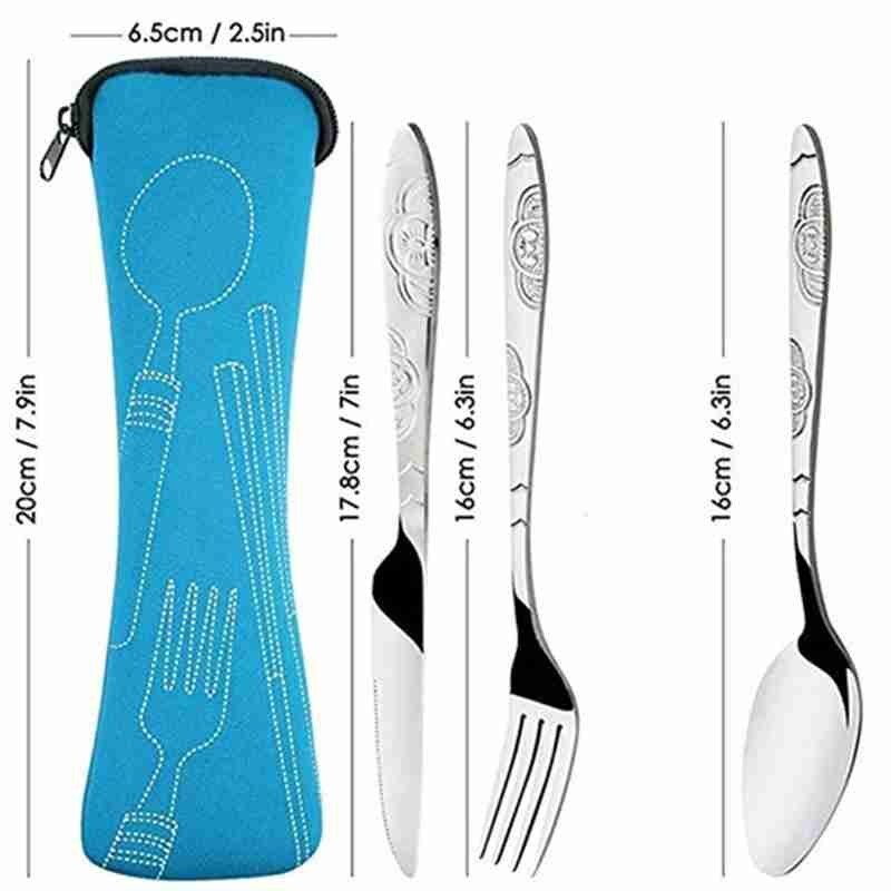 Cuchillos de acero con tenedor y cuchara para viaje familiar, conjunto de cubertería portátil con bolsa de almacenamiento, 4 Uds.