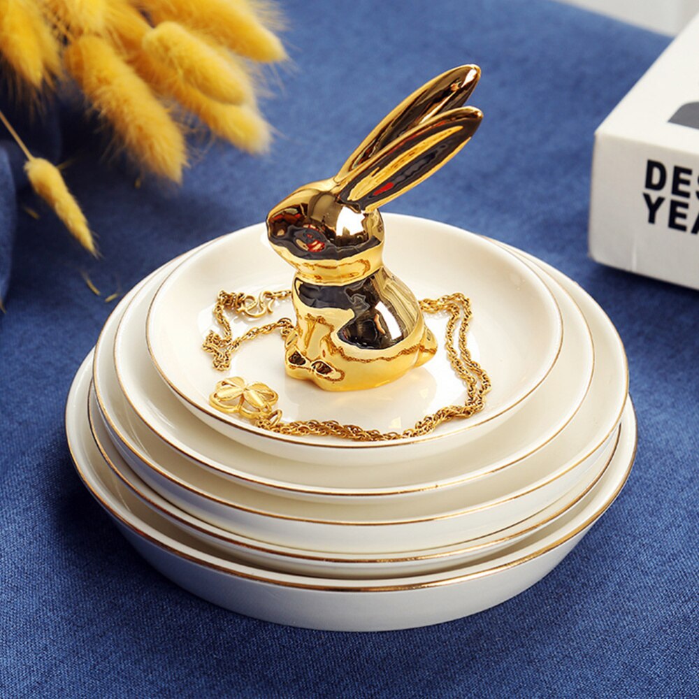 2pcs Ceramic Display Storage Plates Jewelry Storage Trays for Home (Golden)