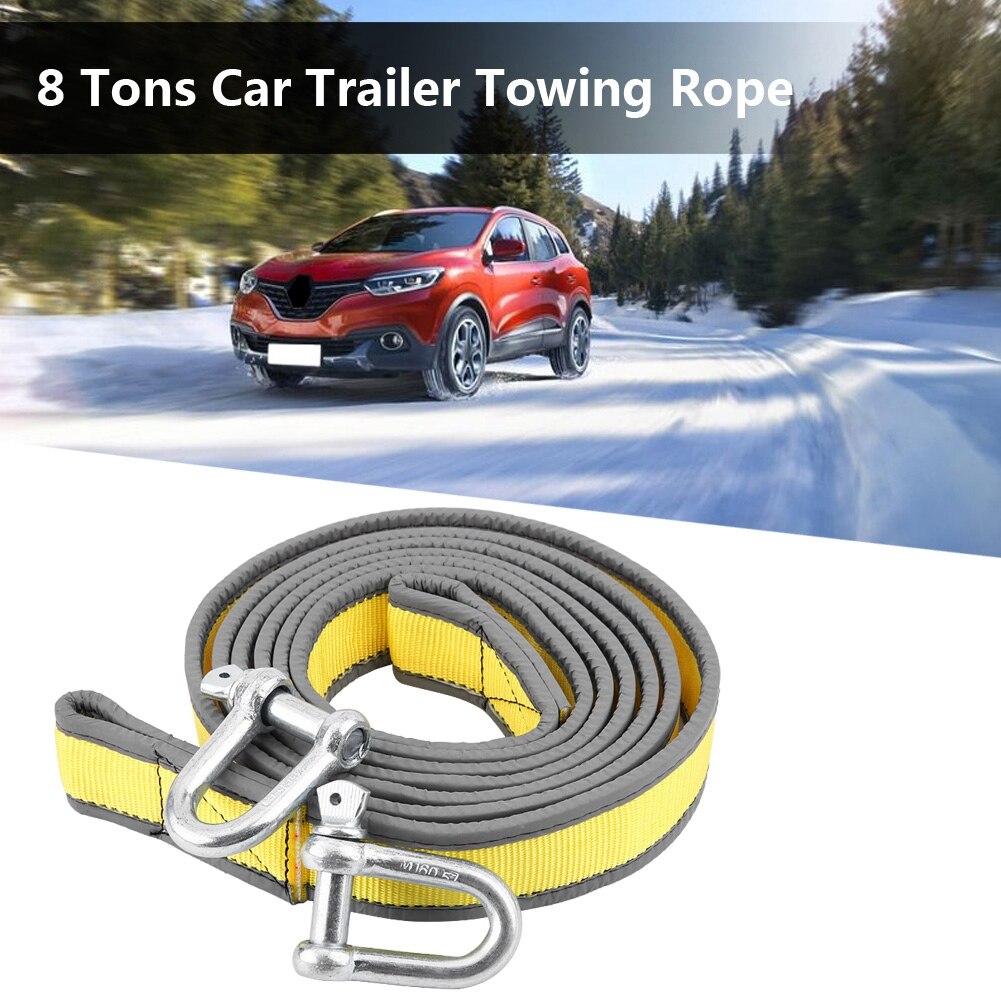 Car Trailer Towing Rope Recovery Tow Strap 8 Tons 4 Meters with U-shape Hooks Two sides equipped with light reflection strip