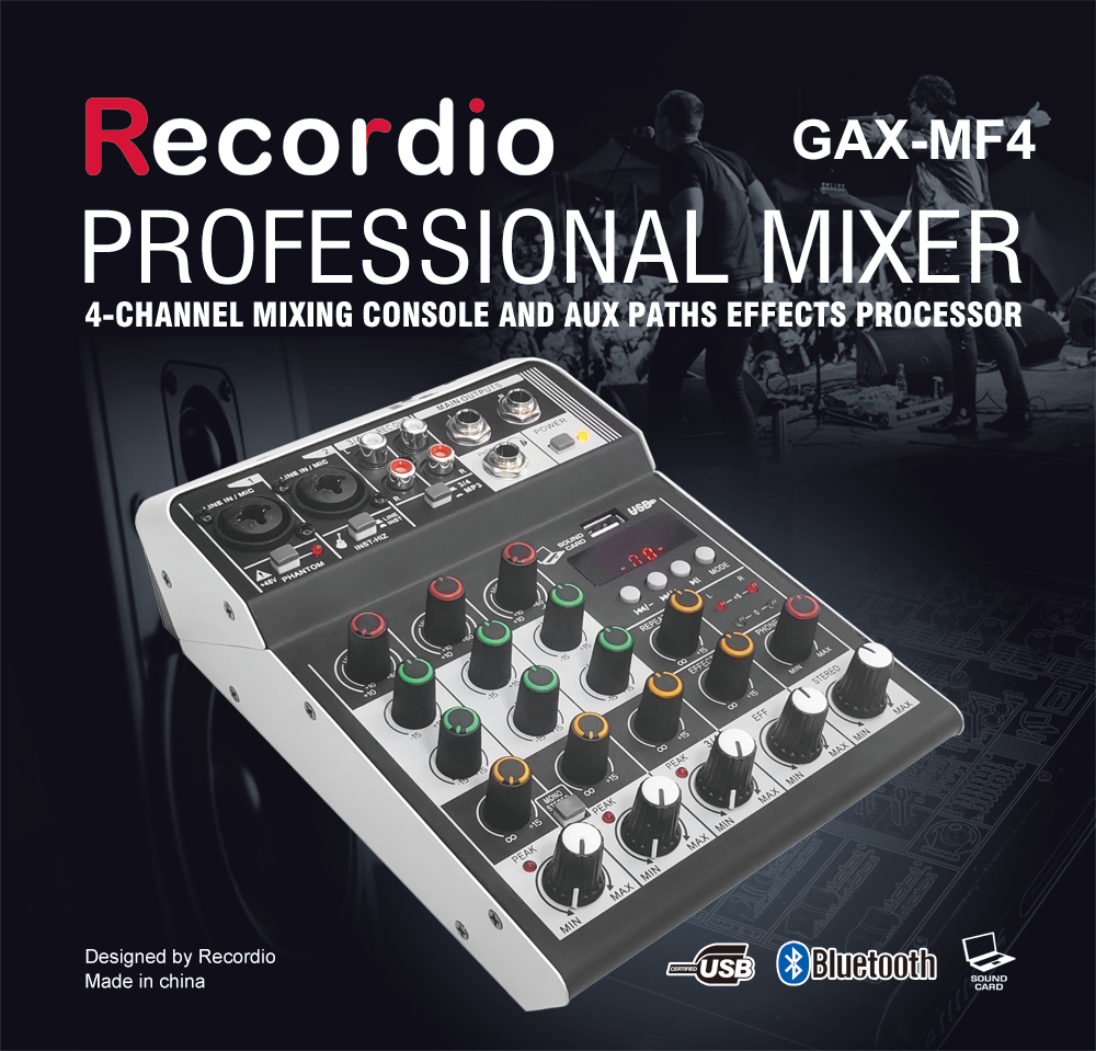 GAX-MF4 DJ mixer usb 4 canali mixer console miglior prezzo Mixer Audio Mini famiglia KTV 48v USB/BT effetti Record