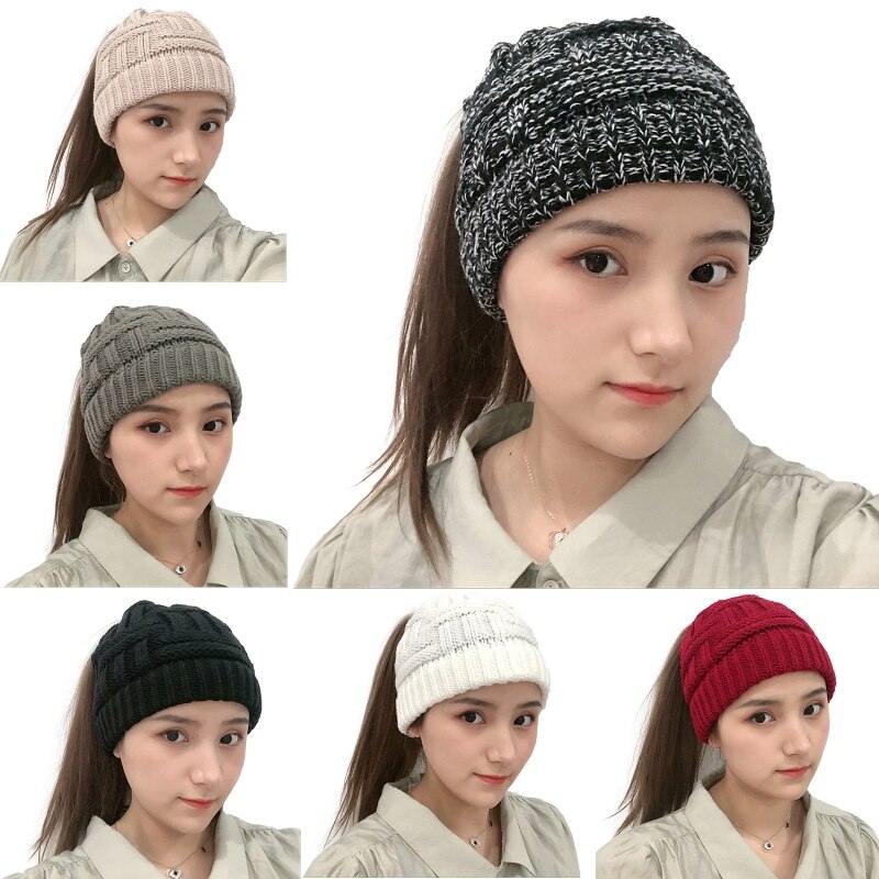 Women Winter Chunky Plaid Crochet Knitted Beanie Hat with Ponytail Hole High Messy Bun Solid Color Stretch Snow Ski Skull Cap