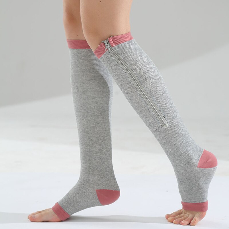 Chaussettes de Compression pour hommes et femmes, chaussettes de soutien du genou, fermeture éclair, bout ouvert, fines, Anti-Fatigue, chaussettes hautes, extensibles, unisexes,: grey / L