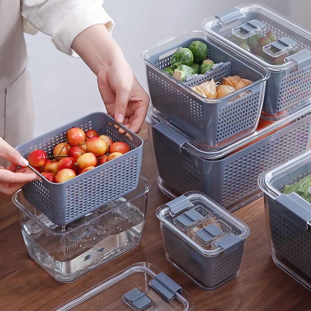 Fresh Produce Vegetable Fruit Storage Containers for Refrigerator Fridge Organizer Bins Draining Crisper with Strainers 2