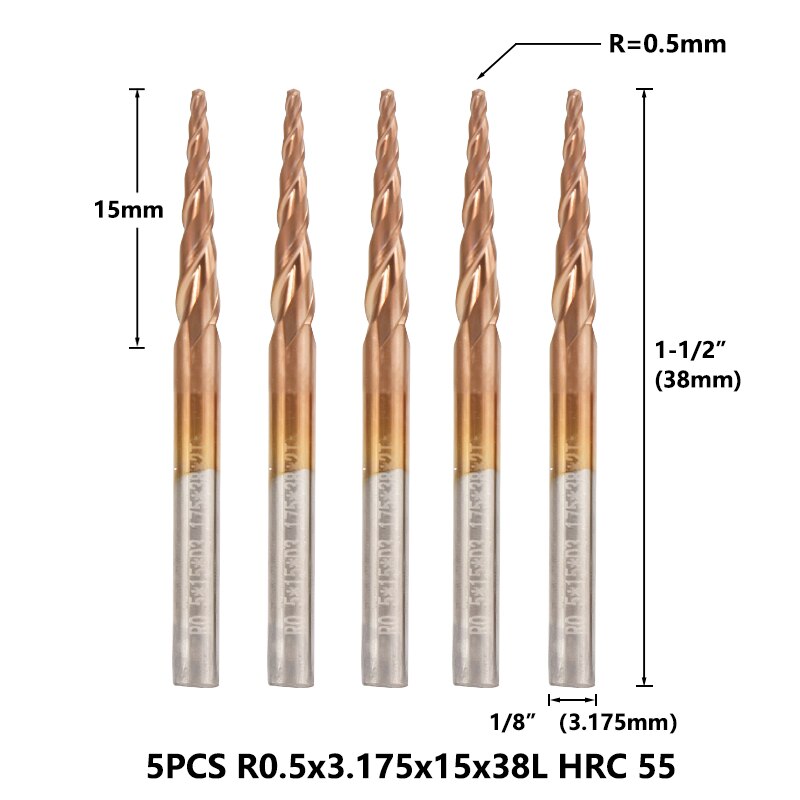 Xcan konisk kuglenæse endefræser 1/8 '' (3.175mm)  skaft supercoated hårdmetal fræser 5 stk sæt træ metal graveringsbit: R0.5 hrc 60
