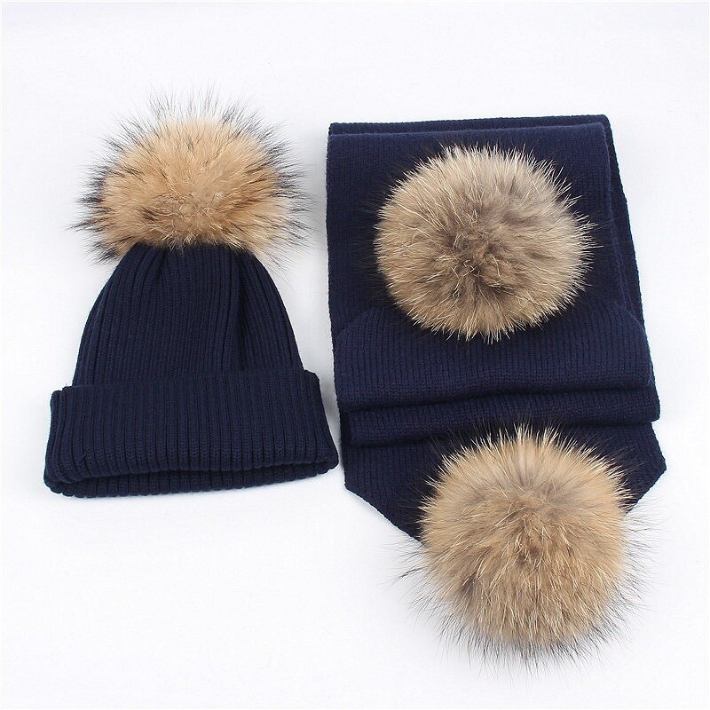 Luxe Vrouwen Hoeden En Sjaals Kinderen Sneeuw Dragen Hoeden Winter Gebreide Skullies 2Pcs Unisex Effen Kleur