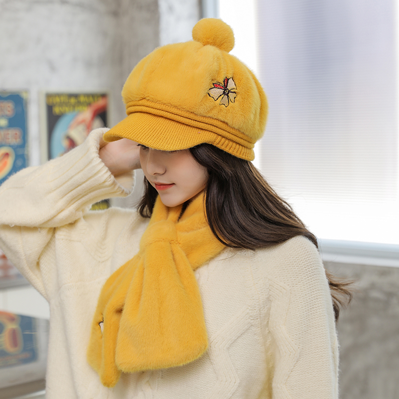 Chapeau octogonal en laine de pour adulte, couvre-chef femme papillon avec couvre-cou, deux pièces, neige, pour l&#39;extérieur, hiver 100%: YELLOW