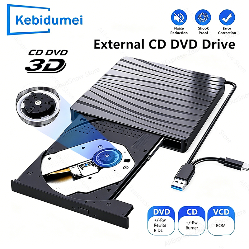 Unidades Ópticas Externas DVD RW CD Gravador Leitor USB 3.0 Tipo C Reprodutor de CD para PC Laptop Desktop Gravador de DVD Portátil