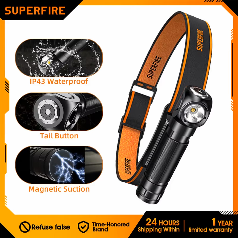 SUPERFIRE TH03 linterna frontal LED de alta potencia USB C recargable Mini 16340 EDC linterna de cabeza en ángulo con faro de trabajo de cola magnética