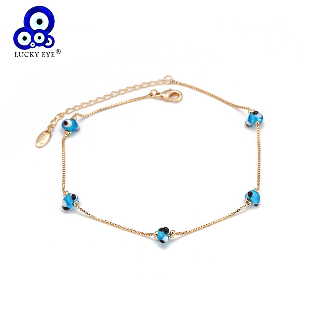 Lucky Eye Blue Turkish Evil Eye Bead Anklet Gold Silver Color Foot Chain Ankle Bracelet Adjustable for Women Girls Jewelry BE25