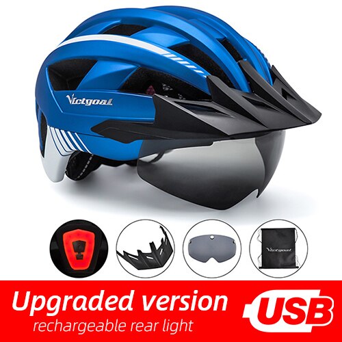 Victgoal Bicycle Helmet LED Moutain Road USB Rechargeable Light Cycling Helmet For Man Sun Visor Goggles Men MTB Bike Headgear: MetalBlue USB LED