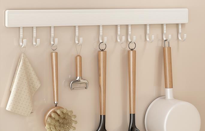 Hooks Kitchen Hook Rack Wall Mounted Hangers Rack Spoon Shovel Chopping Board Organizer Kitchen Accessories Movable Row Hook: WHITE