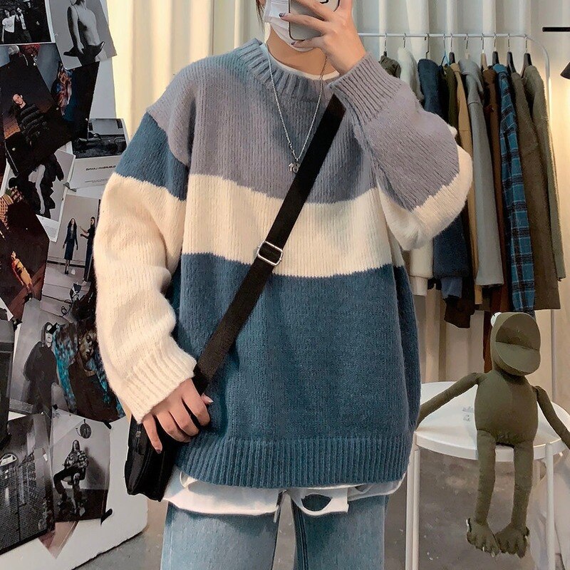 Gensere herre lappeteppe langermet panel høst vinter koreansk stil trendy fritidsgensere tenåringetone strikket stilig ins bf