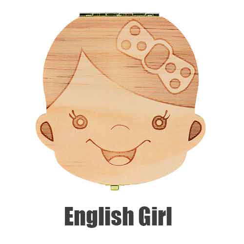 Tand Doos Portugue/Spaans/Engels/Nederlands/Frans/Russisch/Italiaans Hout Tand Doos Organizer Save melk Tanden Hout Opslag Tanden: english girl