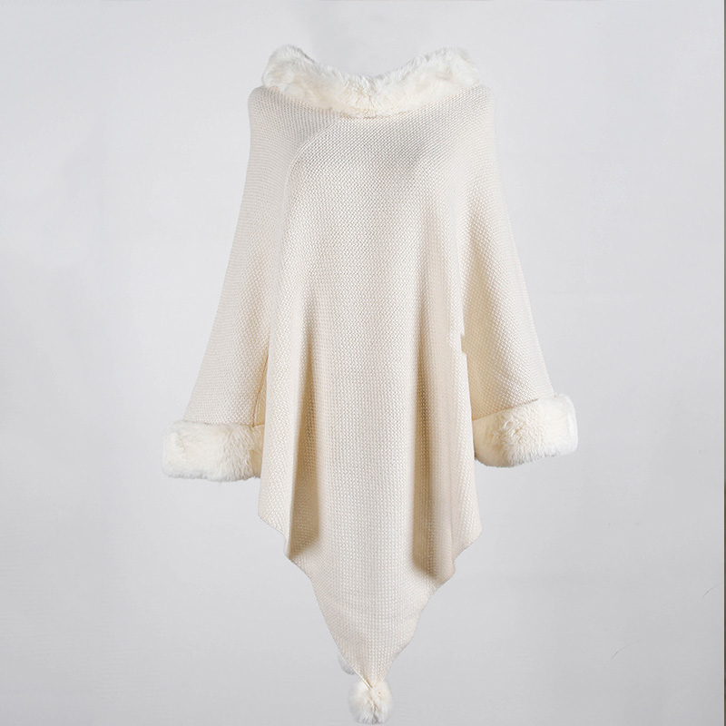 Quevoon dame poncho kunstig pelskrage damekappe lange strikkegensere falle shaggy kawaii genser streetwear: Aprikos