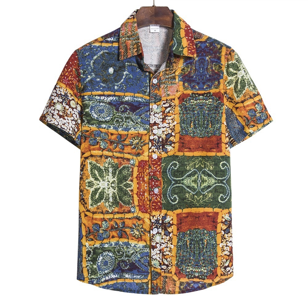 Vintage mænd hawaiiske skjorter brand afslappet slim fit skjorte kortærmet print bomulds skjorte herre chemise homme