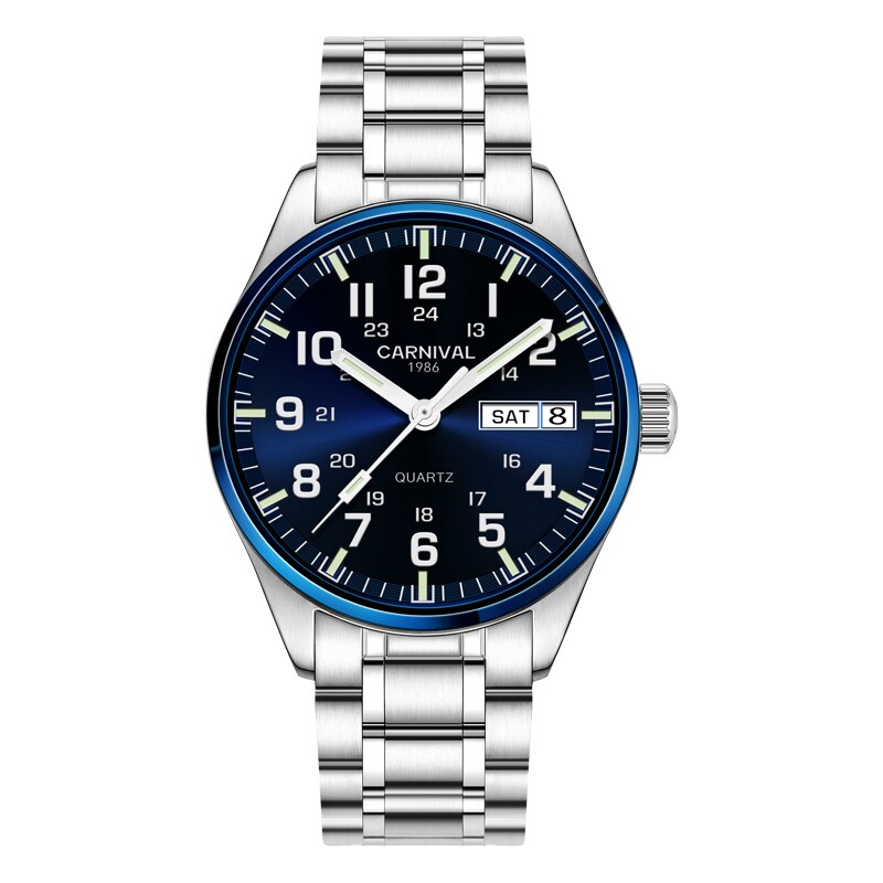 Carnaval horloges heren sport waterdicht datum analoog quartz herenhorloges zakelijke horloges voor heren relogio masculino: Zilver donkerblauw