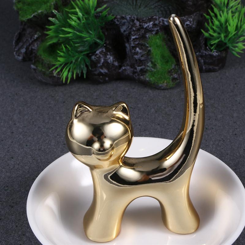Golden Cat Ceramic Jewelry Storage Plate Organizer Decorative Ring Dish Tray Desktop Ornament for Bracelet Earring Necklace