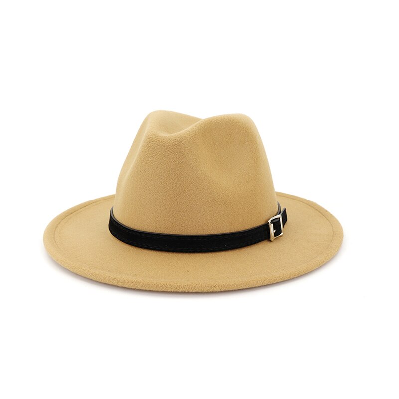 FS White Fedora Hat For Women Felt Hat With Belt Buckle Vintage Wool Wide Brim Jazz Cap Men Panama Hat 17 Colors: Camel fedora