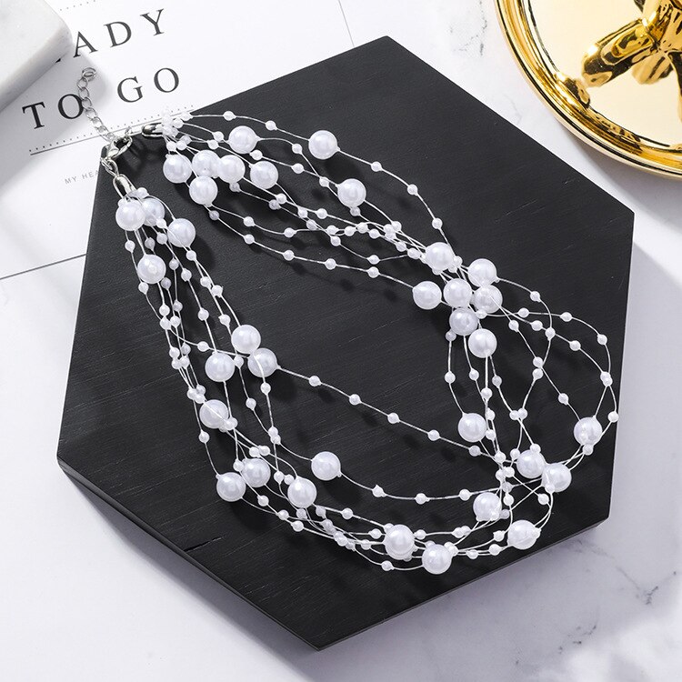 Romantic White Multi-layer Necklace Gypsophila Pearl Fishing Line Clavicle Chain Torques Necklace Wedding Jewelry: 1