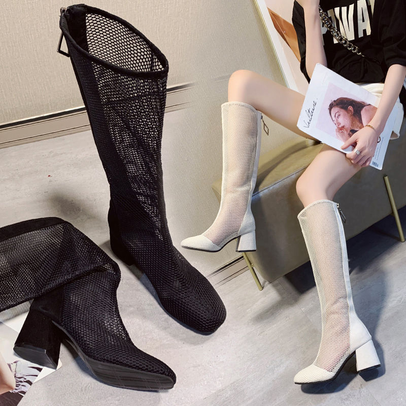femmes genou haute maille sandales bottes mi talon femme Sexy gladiateur chaussures été botte évider noir pour femme Beige