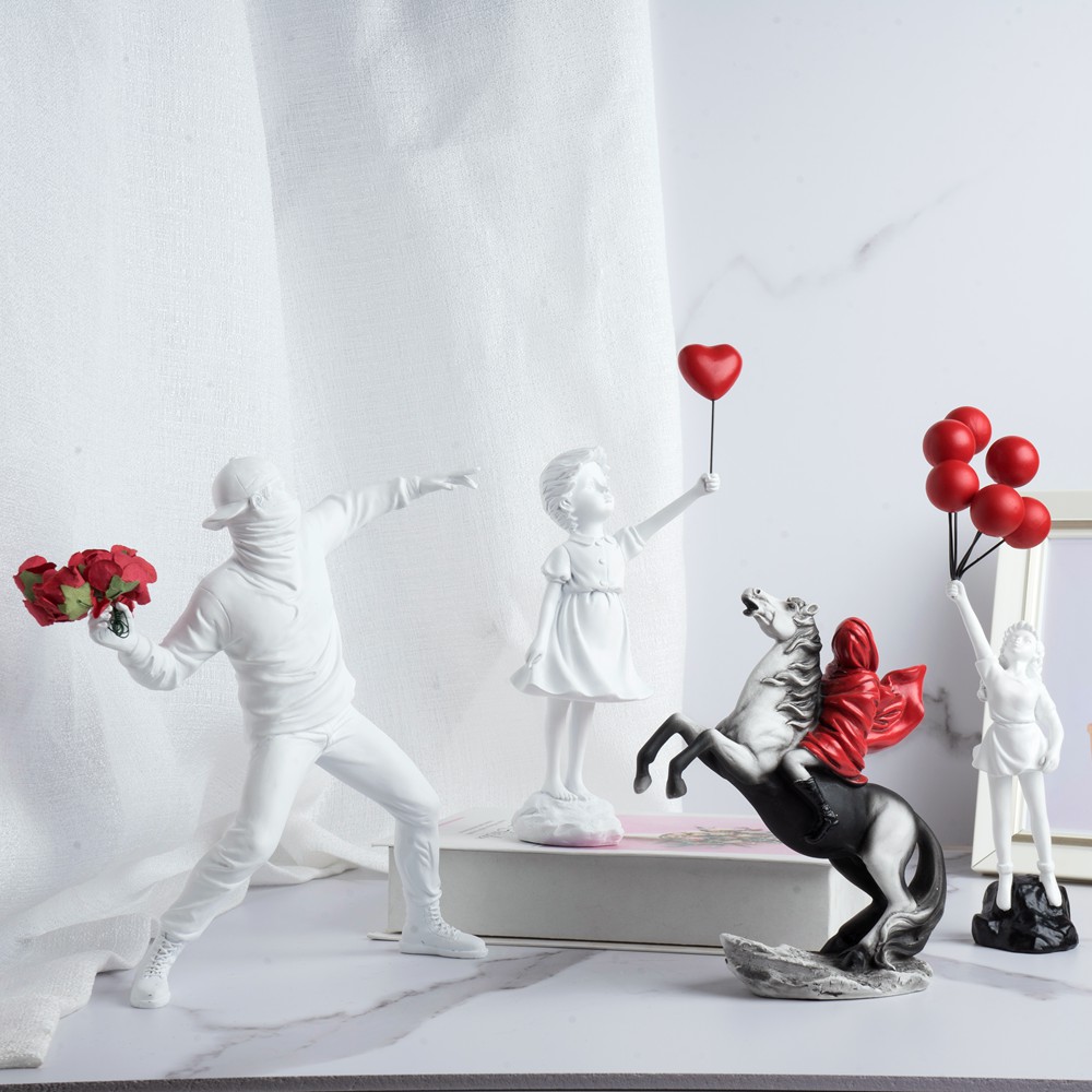 Colección de escultura de Vilead Banksy, estatua lanzadora de flores, arte Pop, globo moderno, estatuilla de niña, decoración del hogar para oficina y calle