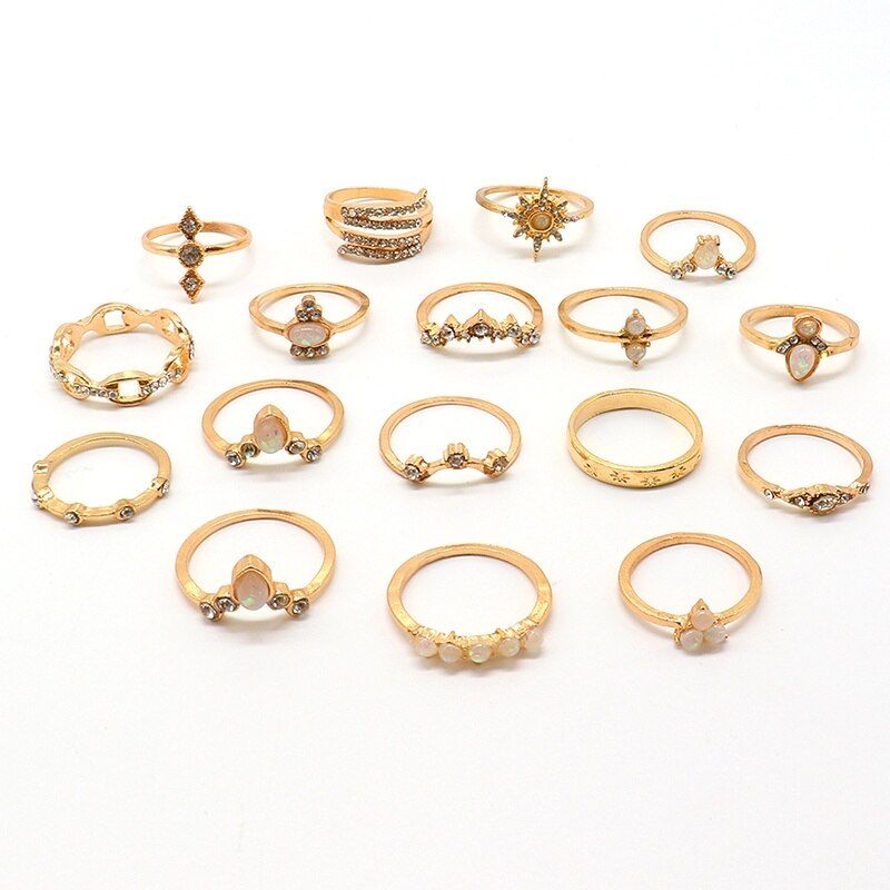 17 Pçs/set Bohemian Estrelas Gotas D' Água Crown Ondas Rodada Gems Cristal Anel Set Mulheres Charme Exquisite Partido Presente Da Jóia Do Anel