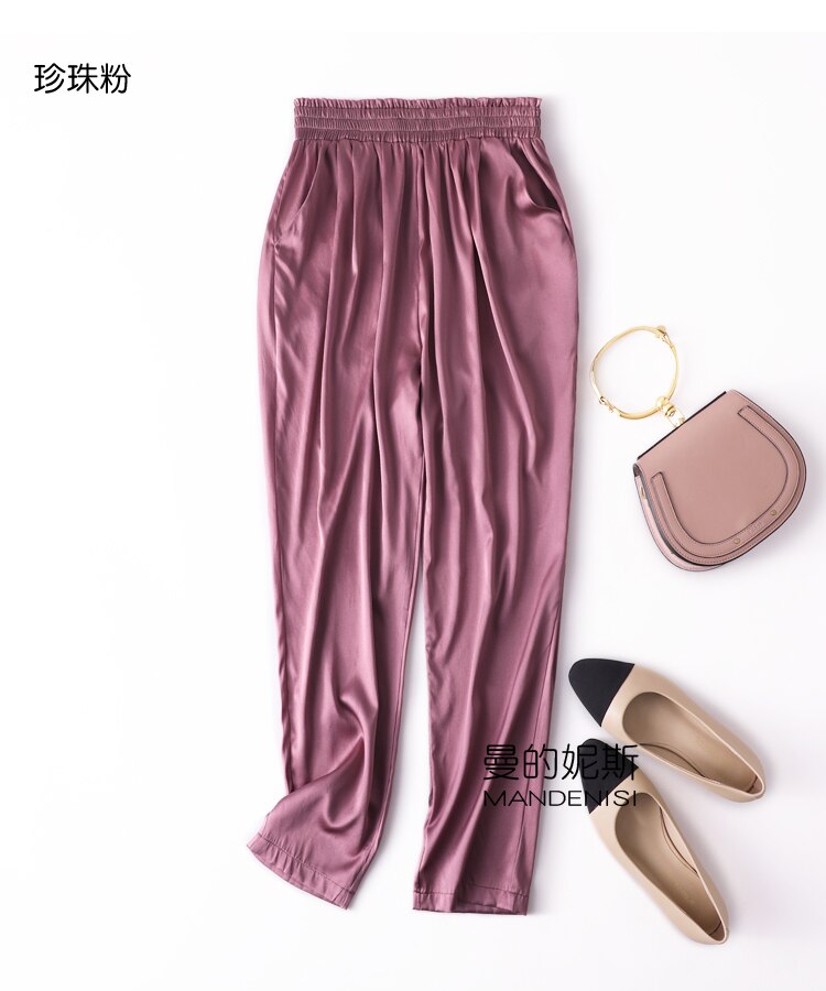 Vrouwen 93% Zijde 7% Spandex Satijn Zijde Lange Broek Broek Harembroek Mode Elastische Taille Vele Kleuren L1013: pink