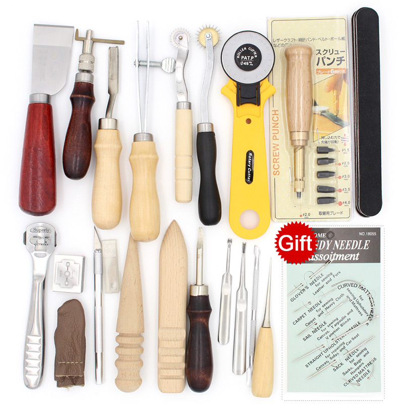 Leder Werkzeug einstellen Carving Stanzen See Schneiden Messer Manuelle Naht Nadel Gas Augen Polieren Peeling Rand Prozess für Leder Gürtel: einstellen 09