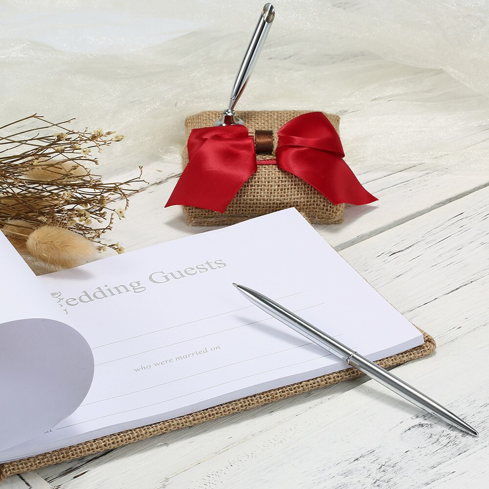 Bröllop gästbok och pennuppsättning hållare säckväv dekoration rustik bröllopsceremoni