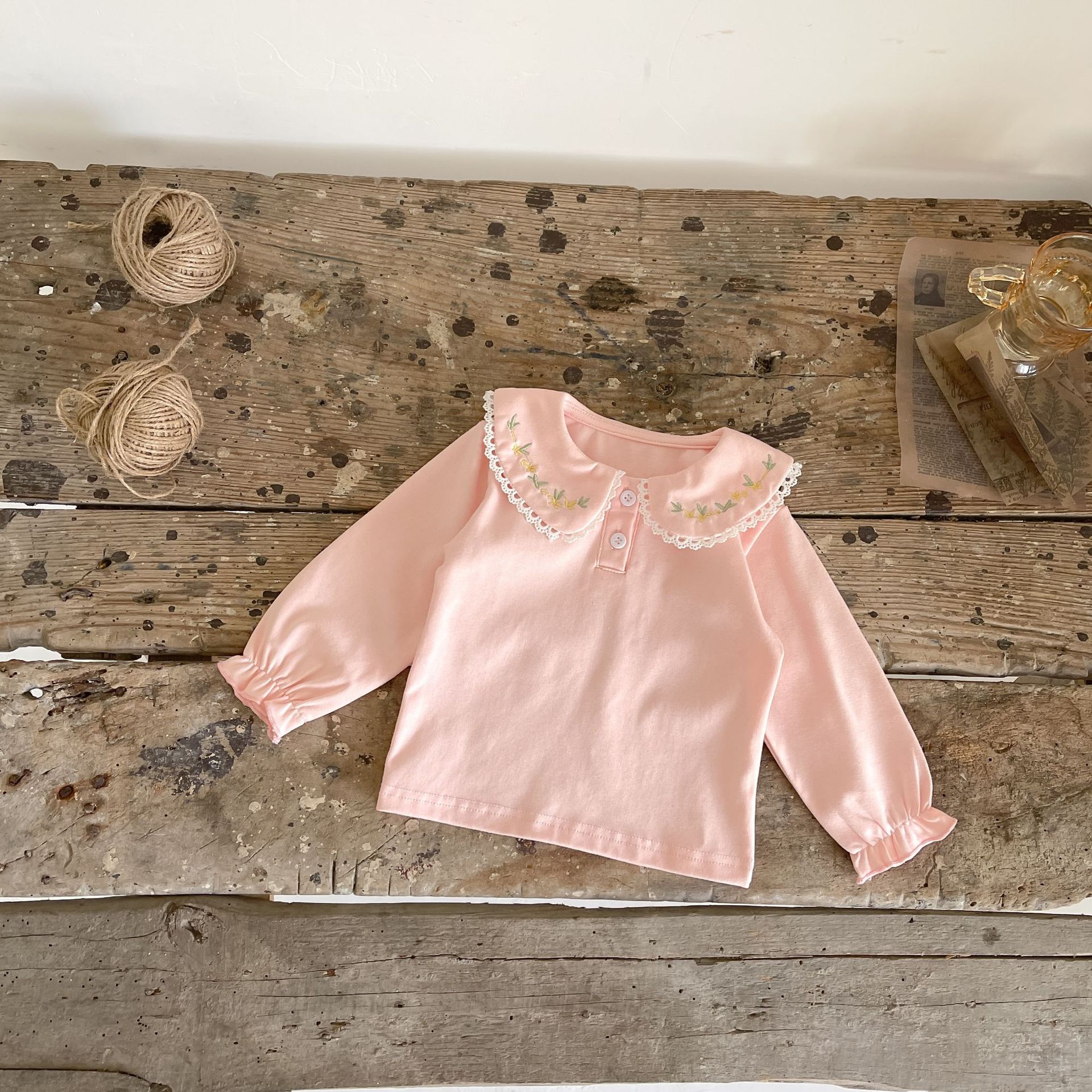 1417B Baby Clothes Girl&#39;s Bottoming Shirt 2022 Spring Floral Embroidered Collar Baby Girl Tops Cotton Long Sleeve T-shirt: Pink / 90 for 2y