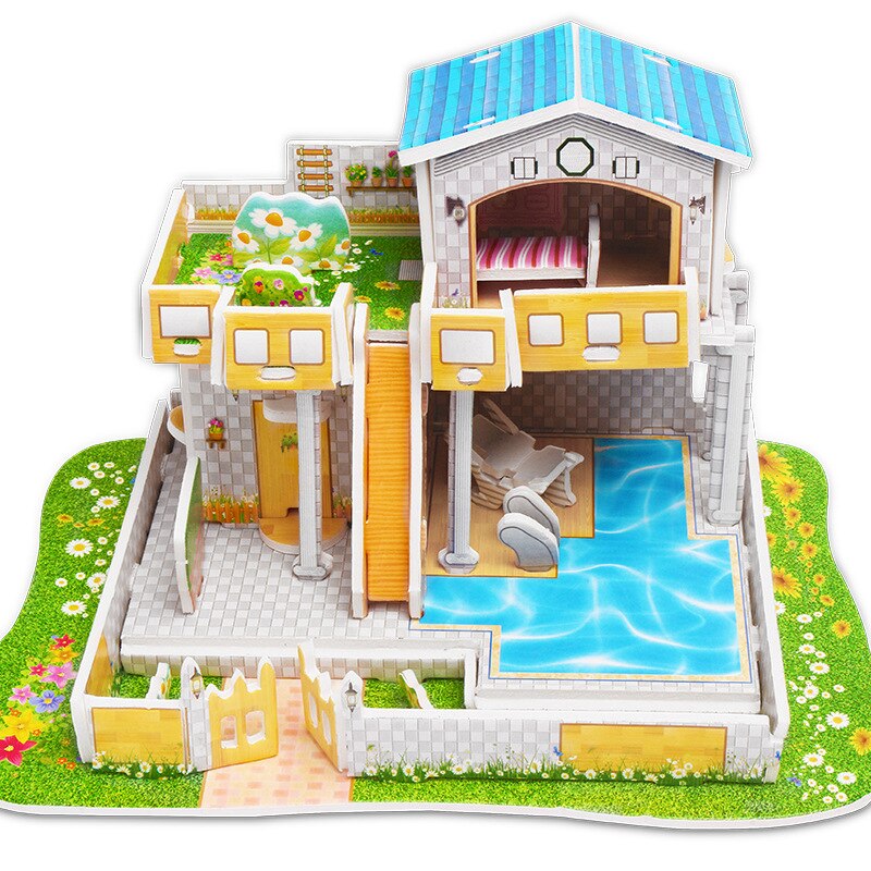 Puzzle 3D fai-da-te castello modello Cartoon House assemblaggio giocattolo di carta Kid Early Learning modello di costruzione regalo Puzzle per bambini: 13