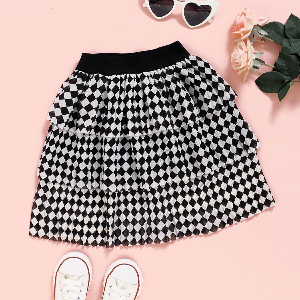 Meisjes Zwarte Gelaagde Rok Kids Effen Kleur Elastische Taille Geplooide Zoom Een Stuk Voor De Zomer/Lente/Herfst 18 Maanden-6 Jaar: WHITE / 4-5Y