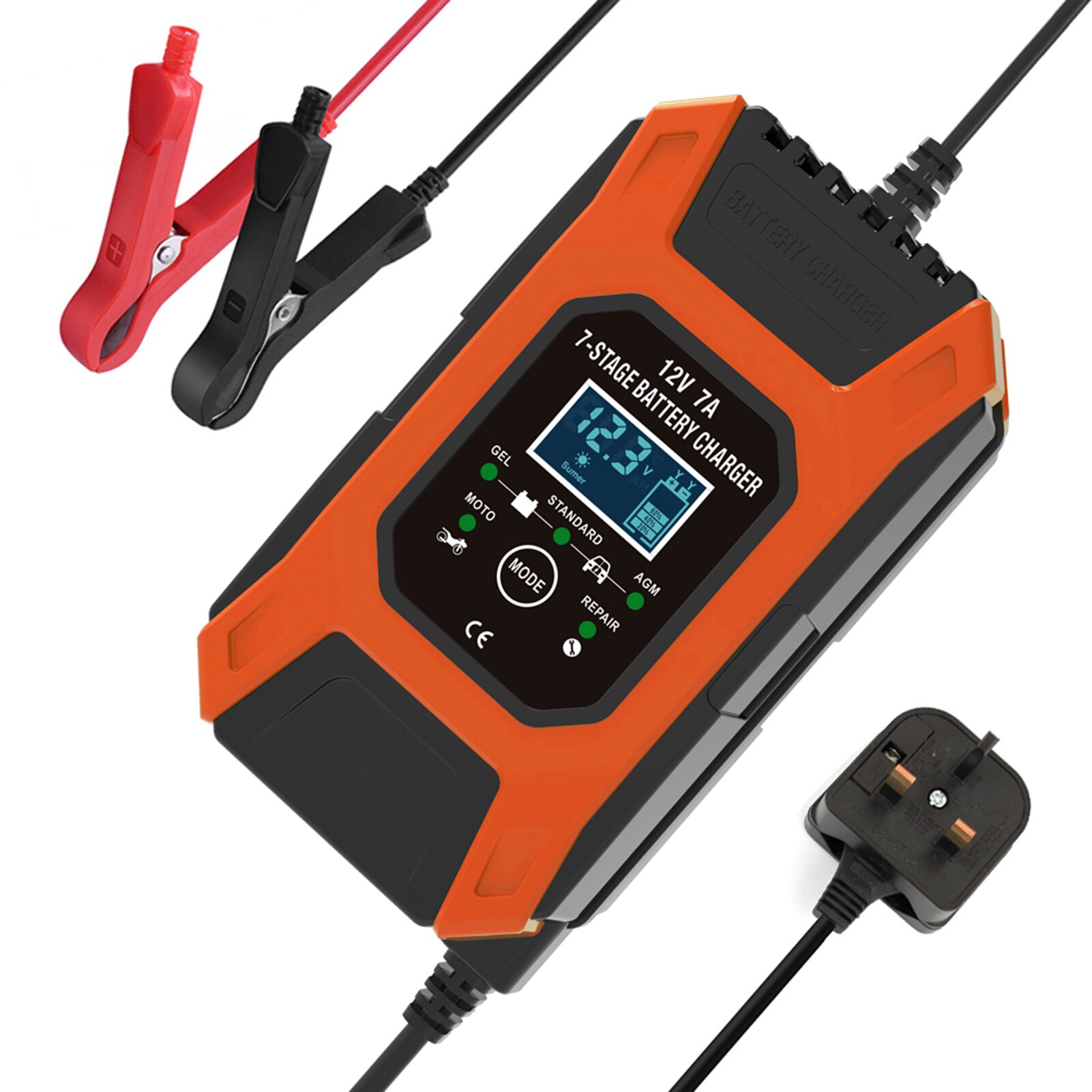Motorcycle Car Battery Charger 12V 7A Pulse Repair LCD Battery Charger For Lead Acid Battery Agm Gel Wet Battery Charger: UK Plug