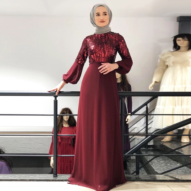 Chiffon pailletter abaya dubai hijab muslimsk aftenkjole kvinder pakistan kaftan tyrkiet islamisk tøj kaftan marocain kjoler kåbe
