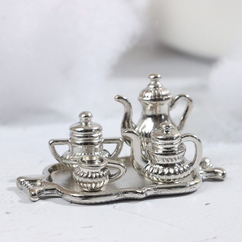 5pcs/Set 1:12 Dollhouse Miniature Metal Kitchen Tea Set Pot Flagon Plate Model For Dollhouse Decoration