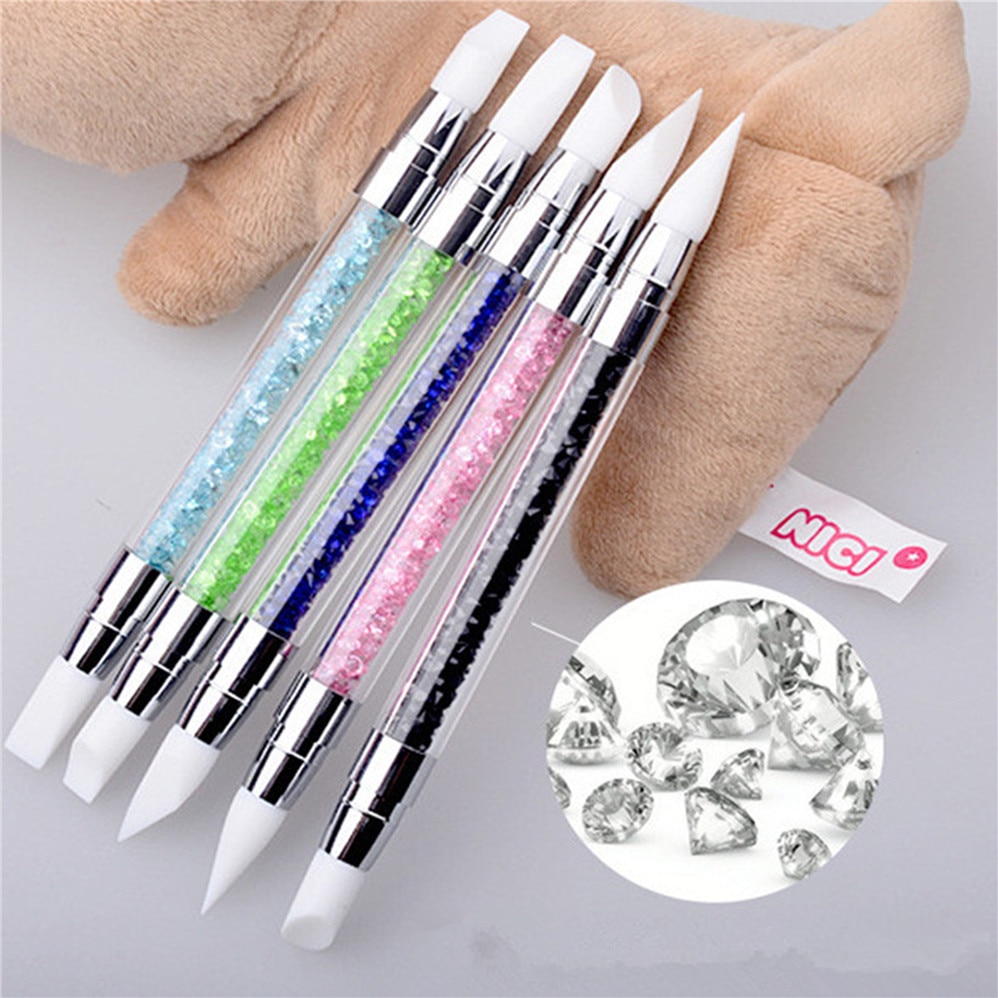 5 stks Nail Puntjes Tool Dubbele Verschillende Siliconen Hoofd Crystal Nail Art Brush Pen Handvat Manicure 5 kleur Nail Carving Emboss Tool