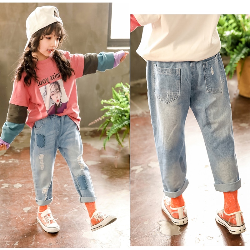 jeans girl Korean style loose summer children's wear CUHK summer ripped jeans 4-14 years old