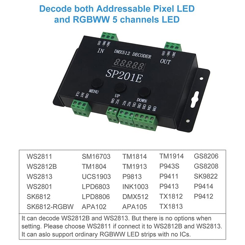 SP201E DMX512 WS2812B WS2811 DMX zu SPI Regler-Decoder, Unterstützung Mehrere ICs