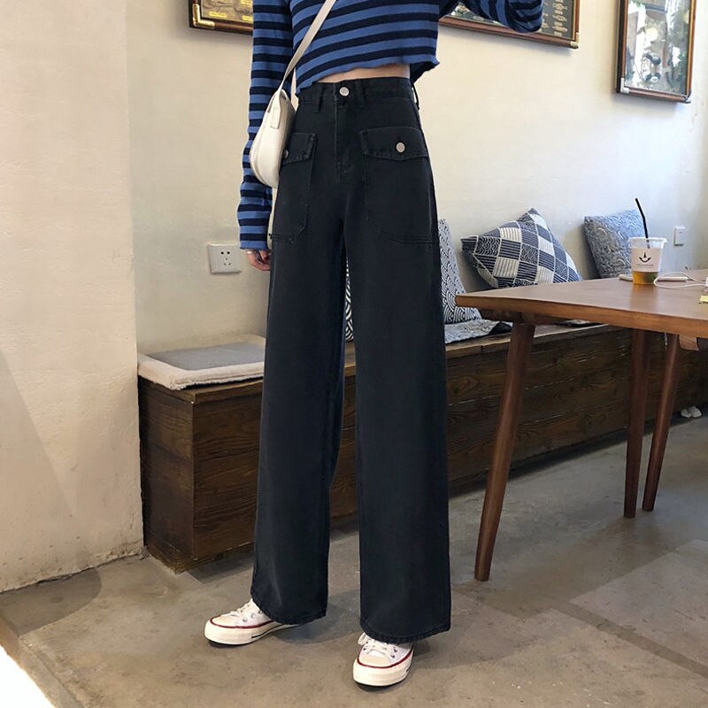 Jeans Women Black Chic Casual Womens Straight Denim Trousers Korean Style Loose Harajuku All-match Streetwear BF: black pocket 2650 / XL