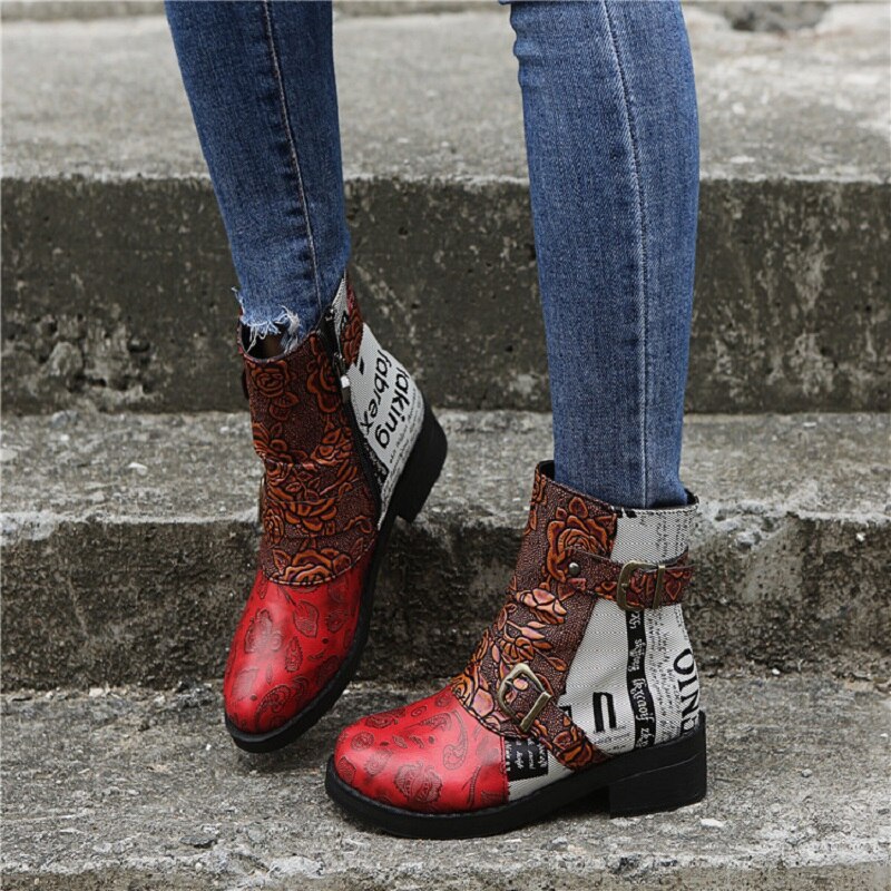 Bottines à imprimé ethnique pour femmes, chaussures Punk Martin à talons bas avec fermeture éclair, plate-forme avec boucle et sangle, collection automne et hiver