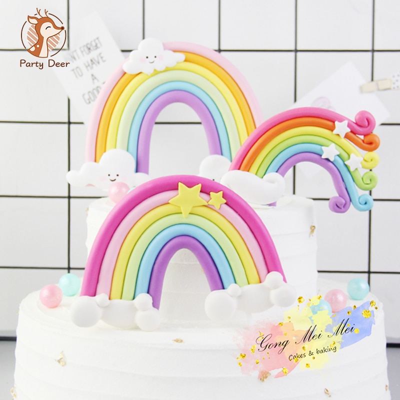 Rainbow Birthday Cake Topper Party Supplies with Rainbow Clouds Balloons Happy Birthday Cake Decorations for Rainbow Theme Party