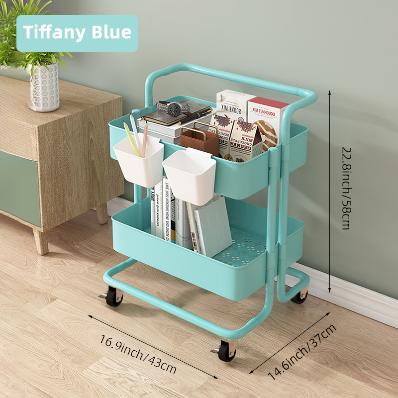 Shelves,Rolling Cart,2-Tier Storage Cart,Dish storage with Handle 2 Organizers,Plastic Baskets,Utility Cart,bathroom accessories: SKY BLUE